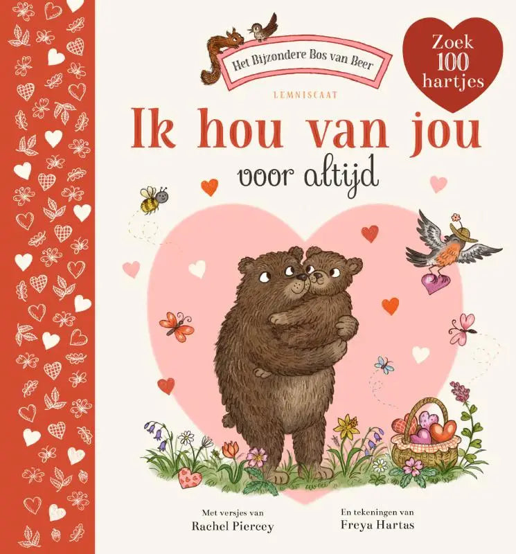 Een zachtroze kinderboek cover met twee bruine beren die elkaar omhelzen in een hartvormig veld bloemen en de titel ik hou van jou voor altijd