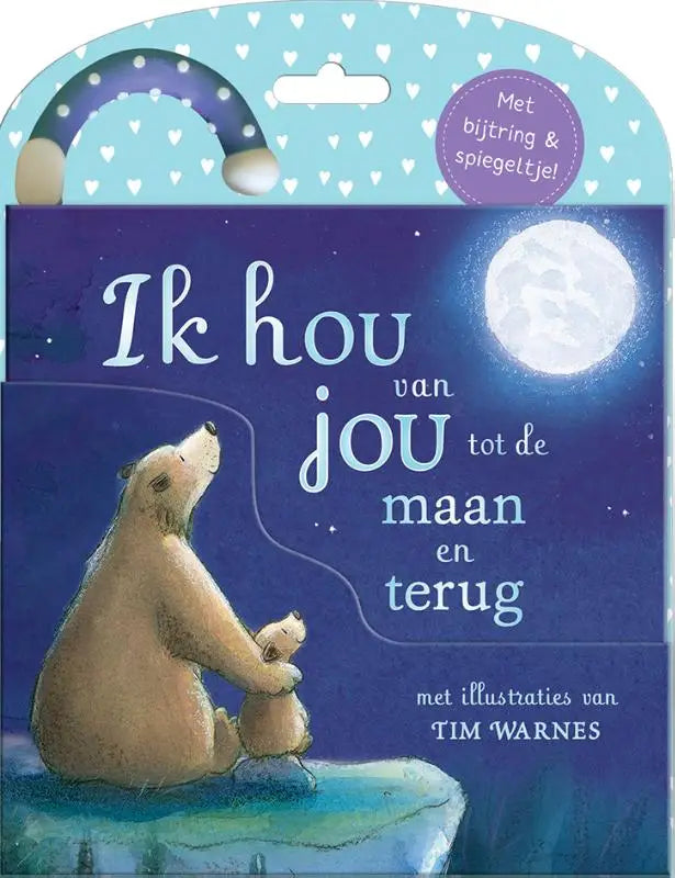 A zachte blauwe kartonnen kinderboek met een illustratie van twee ijsberen onder de maan en interactieve elementen voor jonge lezers