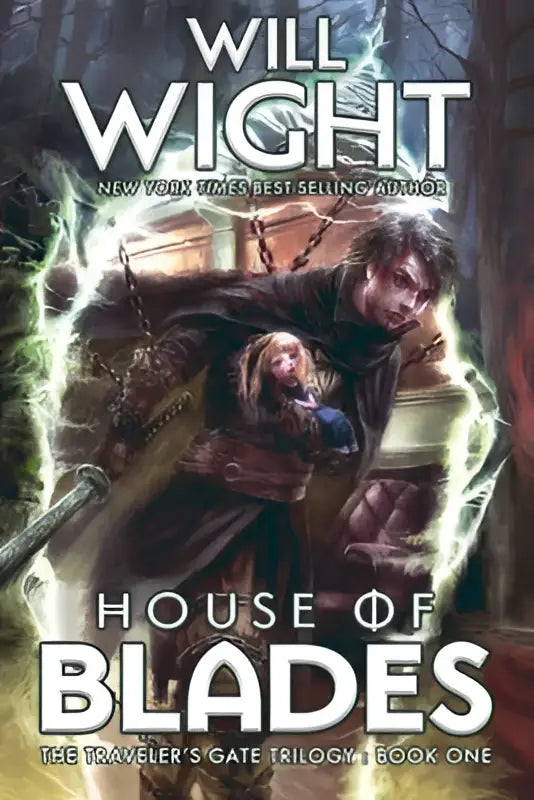 Cover van house of blades door will wight met donkere fantasy illustratie en elektrische groene energie effecten uit traveler’s gate trilogy