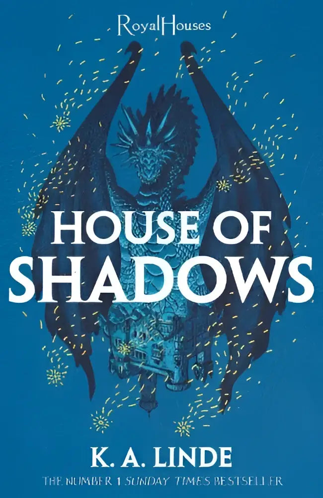 Blauw boek met een donkere gevleugelde draak en gloeiende gele vonken voor house of shadows