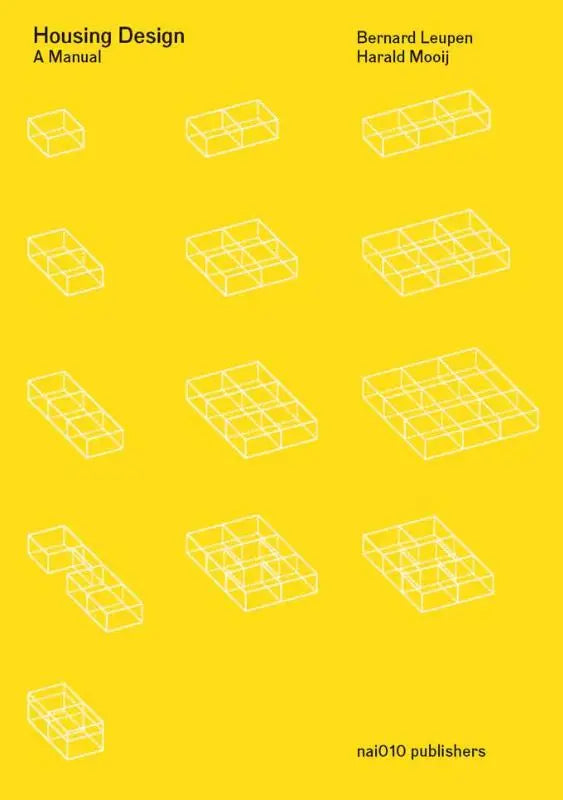 Heldere gele boekcover housing design met minimalistische witte lijntekeningen van woningontwerpen door bernard leupen
