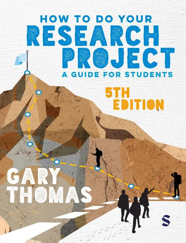 Blauw en oranje geïllustreerde boekomslag van how to do your research project 5e editie door gary thomas voor studenten