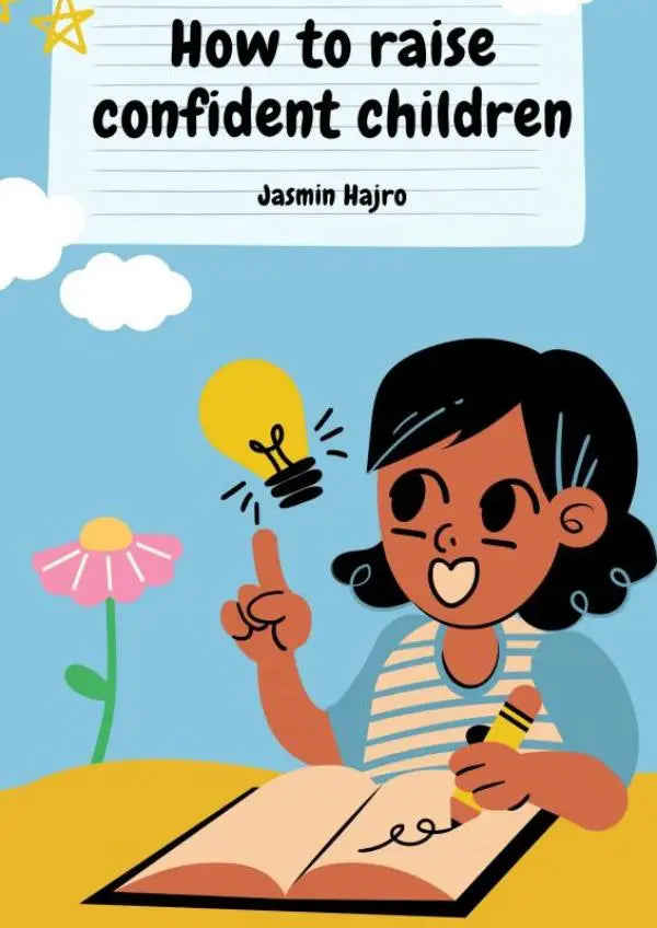 Illustratie van kinderboek hoe to raise confident children door jasmin hajro met cartoonkind en gloeiende lamp