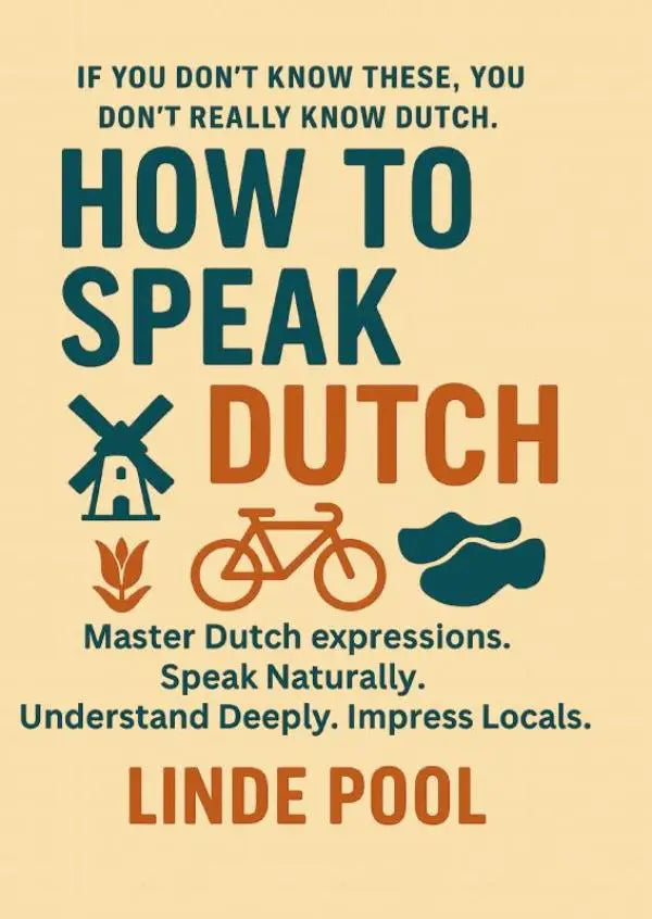 Boekcover van how to speak dutch door linde pool met felle teal en oranje tekst en iconen van windmolen fiets tulp en lippen
