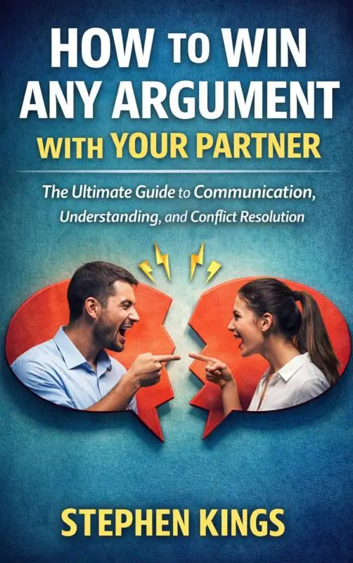 Blauw boekomslag met een gesplitst rood hart en twee mensen die elkaar aanwijzen getiteld how to win any argument with your partner het ultieme gidsboek