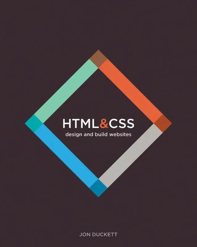De boekomslag van html and css design and build websites toont een moderne geometrische vormgeving met witte tekst en kleurrijke balken