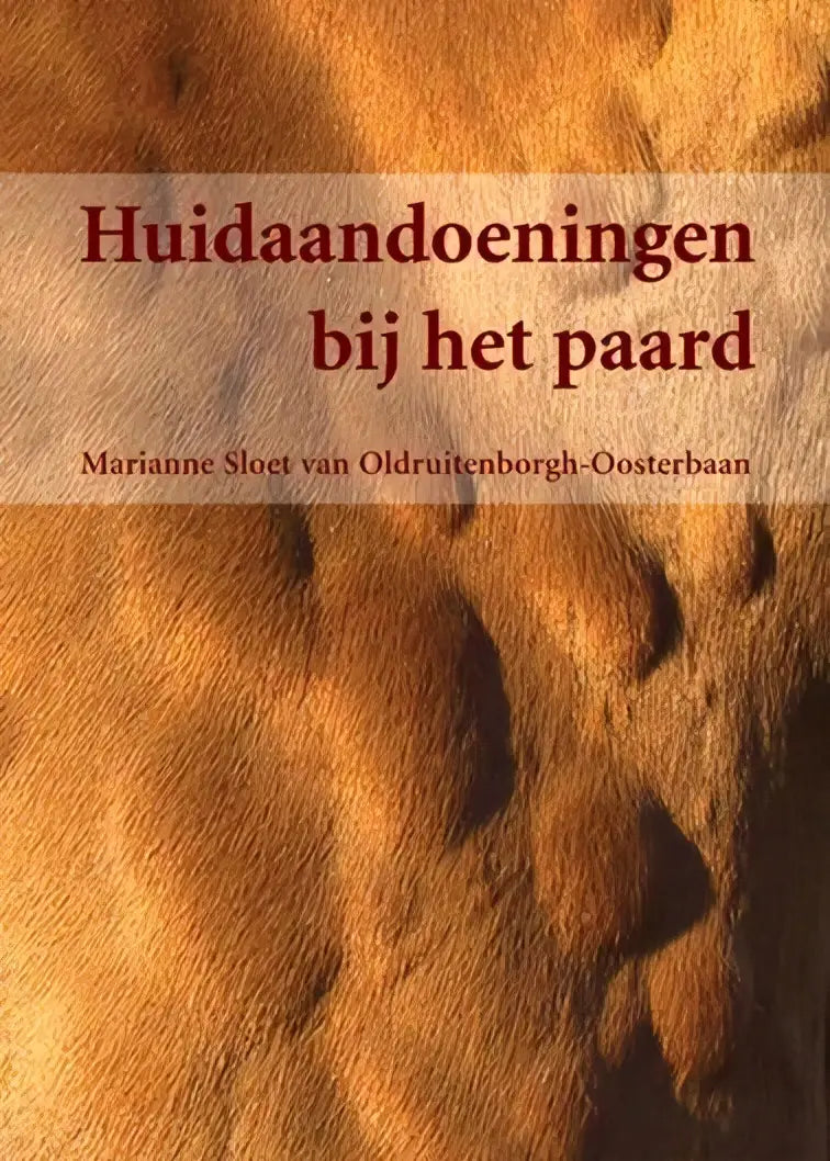 Het boek huidaandoeningen bij het paard toont een oranjebruine, lederachtige voorkant met donkere rode serif titel binnen diergeneeskunde, libre uitgeverij