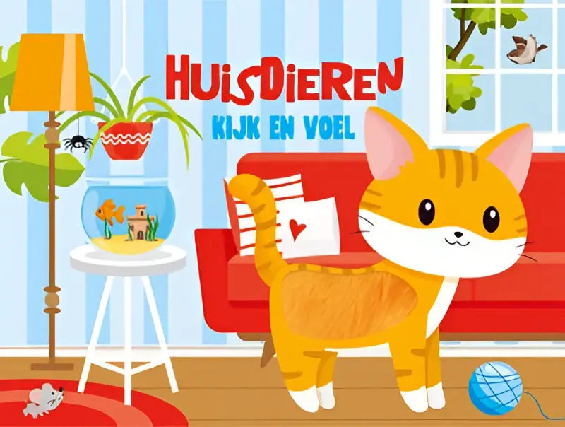 Een vrolijke oranje tabby kat met witte poten en een hartvormig kussen op een rode bank in huisdieren product
