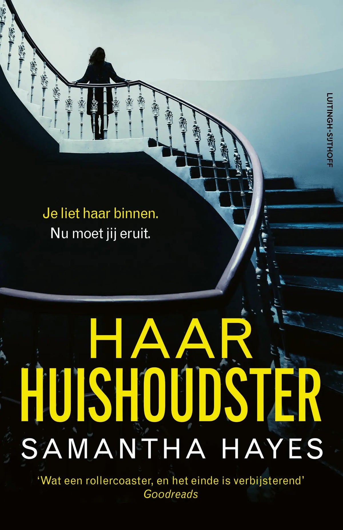 De boekcover van haar huishoudster door samantha hayes toont gele tekst op een donkere achtergrond uitgegeven door luitingh sijthoff