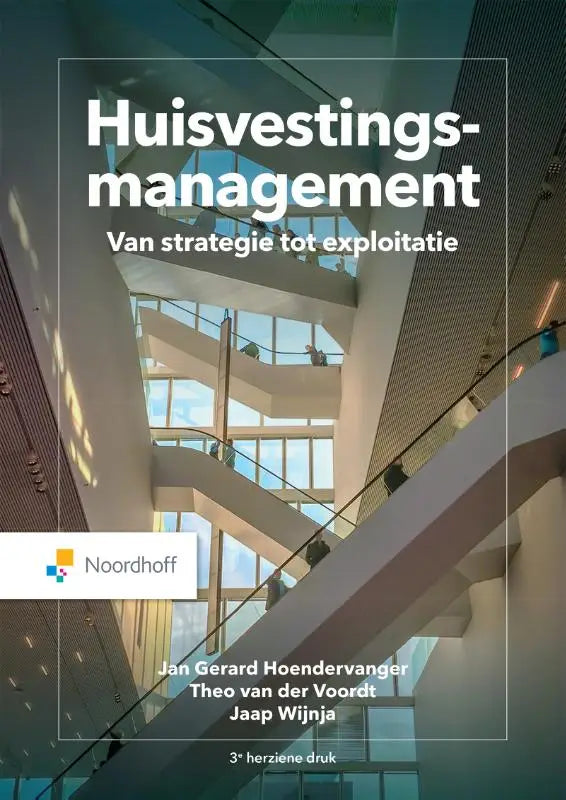 Het boek huisvestingsmanagement toont een moderne architecturale binnenfoto en behandelt bedrijfskunde algemeen