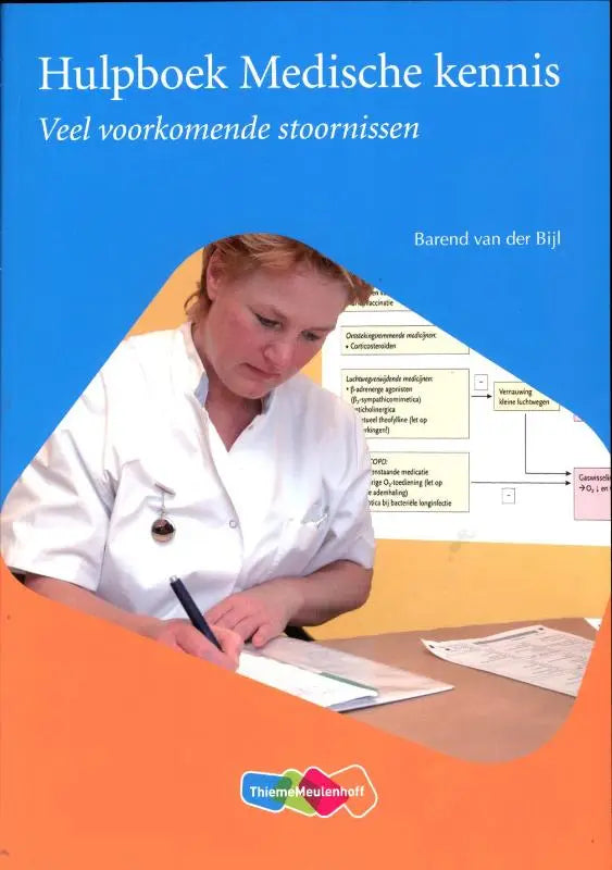 Blauw en oranje hulpboek medische kennis met vrouw in witte medische kleding schrijvend met pen voor educatieve uitgaven