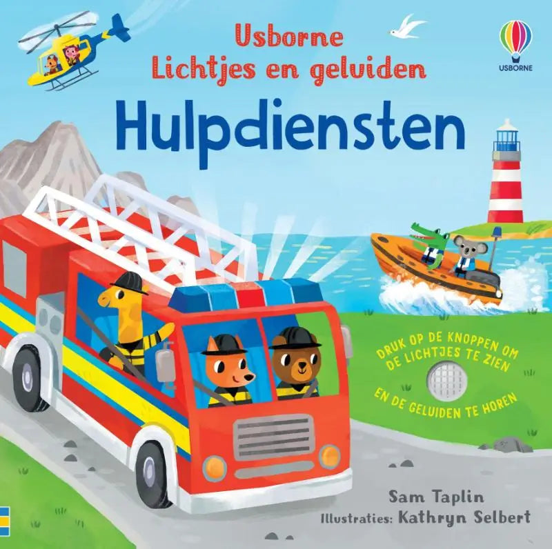 Rood brandweerwagen met blauwe en gele strepen en cartoon dieren als jonge lezers hulpdiensten thema