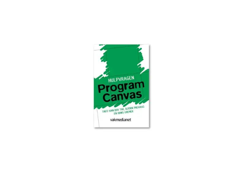 Groen-witte boekcover van hulpvragen program canvas met titel in zwart en auteursnamen eronder weergegeven