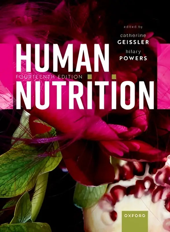 De cover van het 14e editie human nutrition leerboek door professor emerita catherine geissler toont witte letters en bloemen