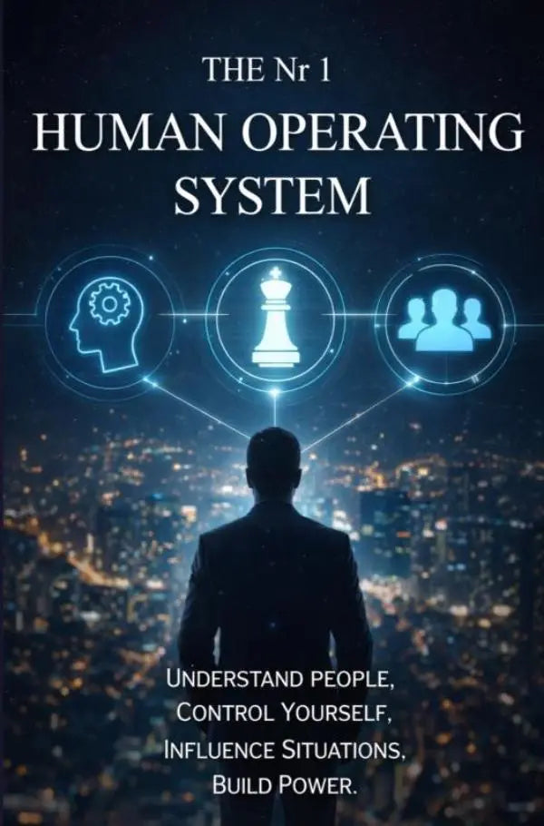 Man in sleek black suit standing before a glowing cityscape for human operating system to influence situations
