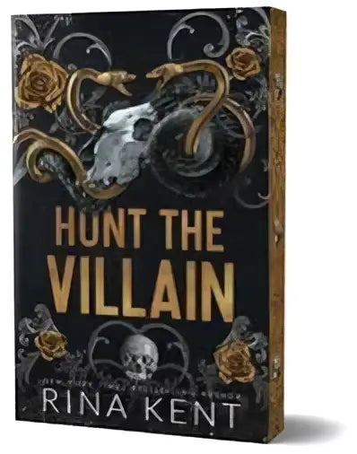 Donkerblauwe boekomslag hunt the villain deluxe edition met gouden ornamenten en schedel door rina kent dark mm romance