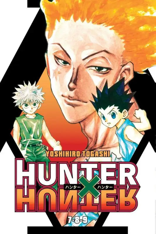 De cover van hunter x hunter 3-in-1 edition vol 3 met levendige oranje en rode tinten en illustraties bevat vols 7, 8 en 9
