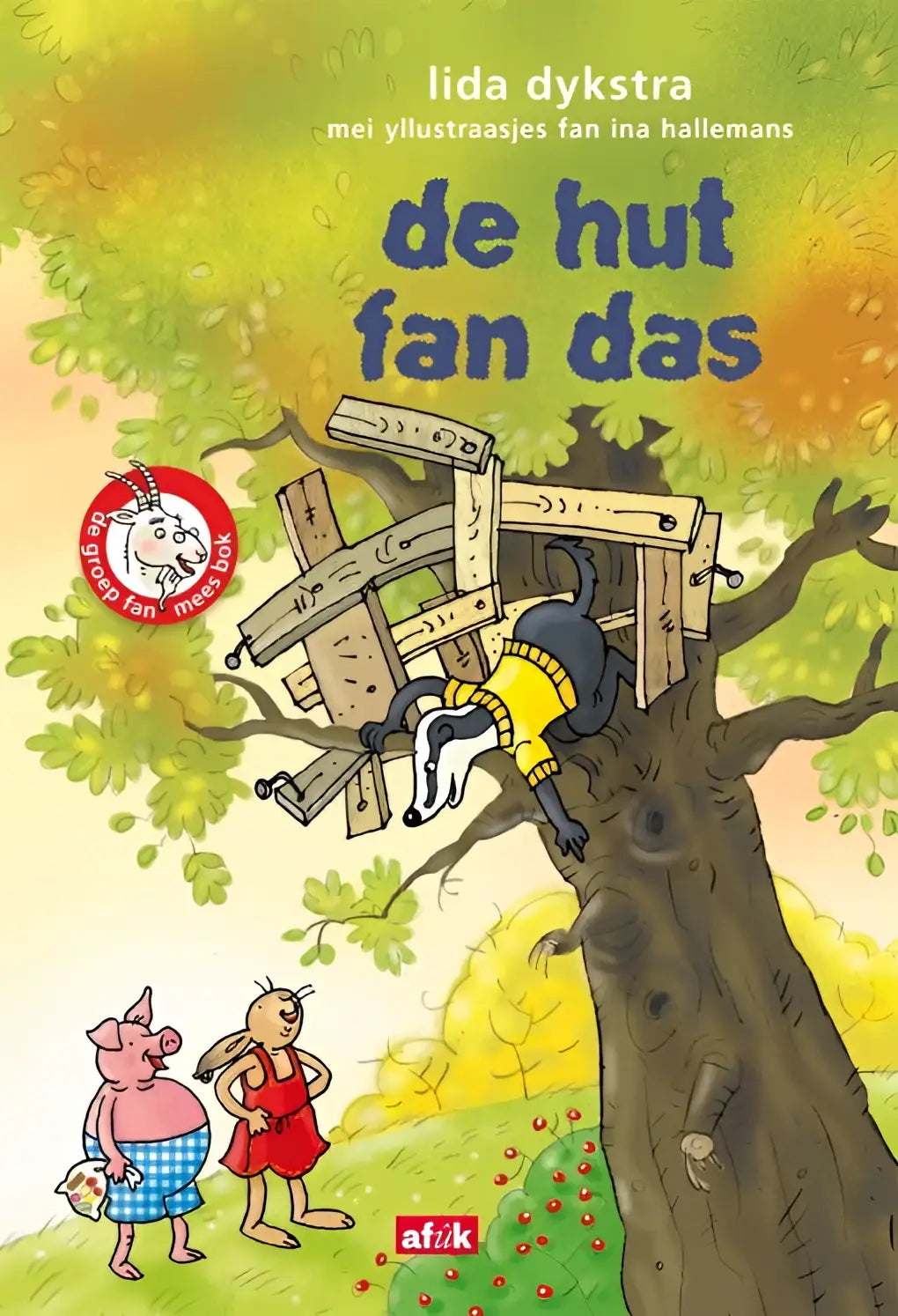 De cover van het kinderboek hut fan das door lida dykstra toont een das in een gele trui bij een houten hut fan das