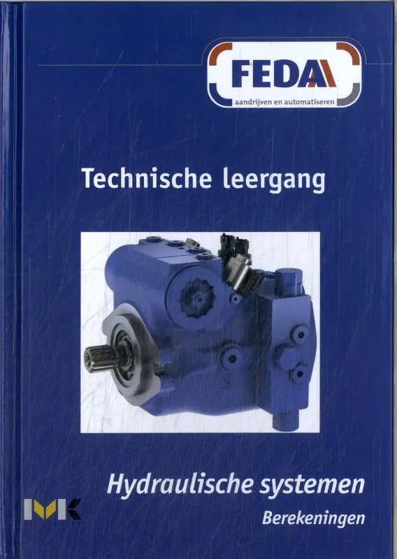 Blauwe industriële hydraulische pomp op de cover van een technische training over hydraulische systemen berekeningen