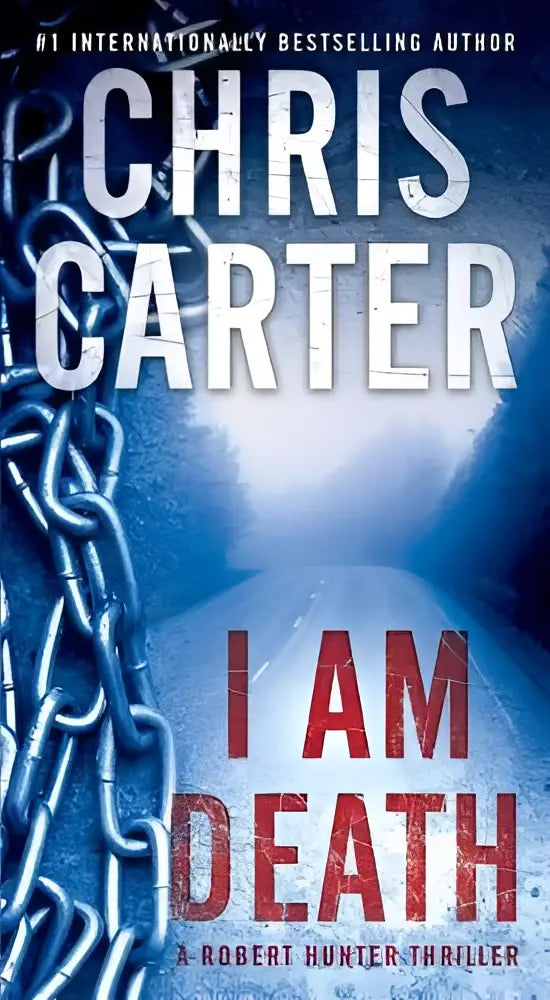 Blauw en rood boekomslag i am death van chris carter met kettingontwerp links robert hunter thrillerboek