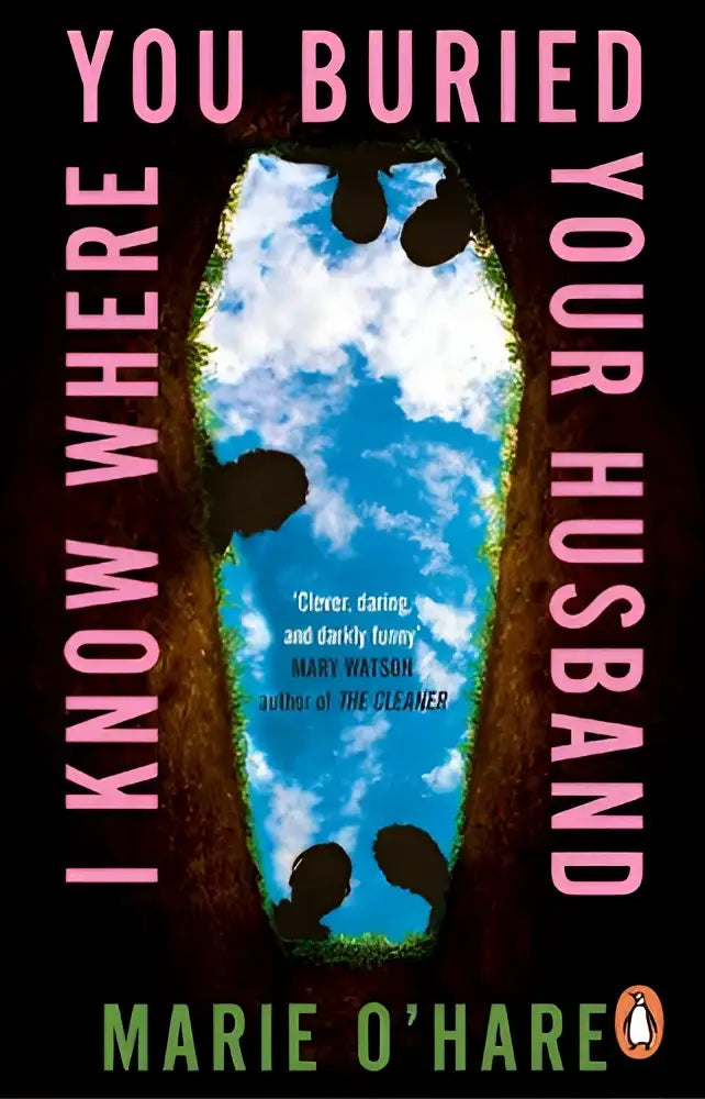 Boekcover van i know where you buried your husband met roze tekst en open doodskist met blauwe lucht en wolken binnenin