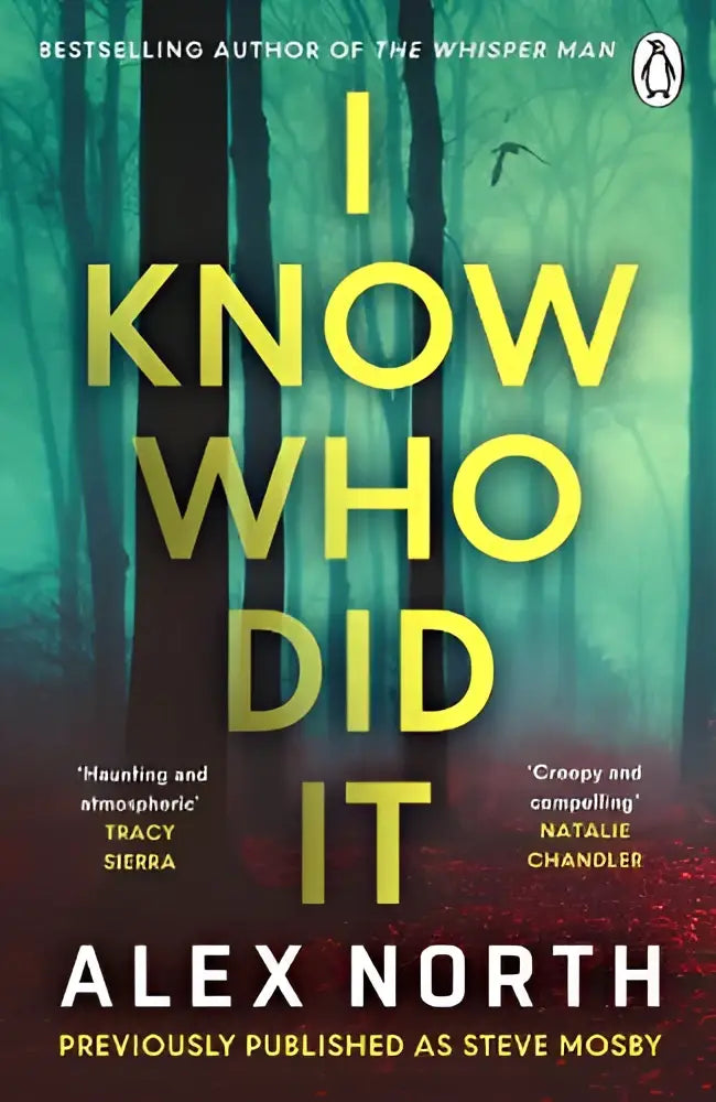 Boekcover van i know who did it met gele, vetgedrukte tekst en een mistig bosdecor voor wie did recherche