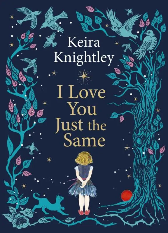 De cover van het gift book i love you just the same toont een betoverende illustration van een meisje onder een teal boom met roze bladeren