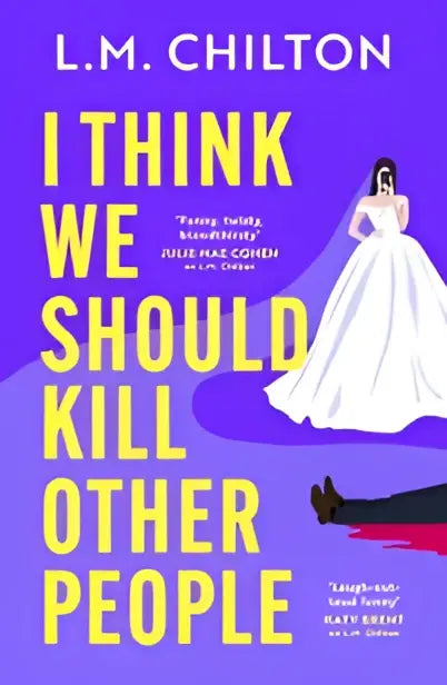 De boekcover van de grappigste serial killer thriller toont een vrouw in wit over een paarse achtergrond met gele tekst