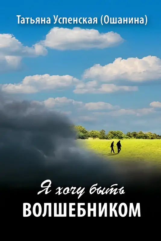 De boekcover van ik wil tovenaar zijn toont een dramatische lucht met donkere onweerswolken boven een felgroen veld waar twee kleine figuren lopen