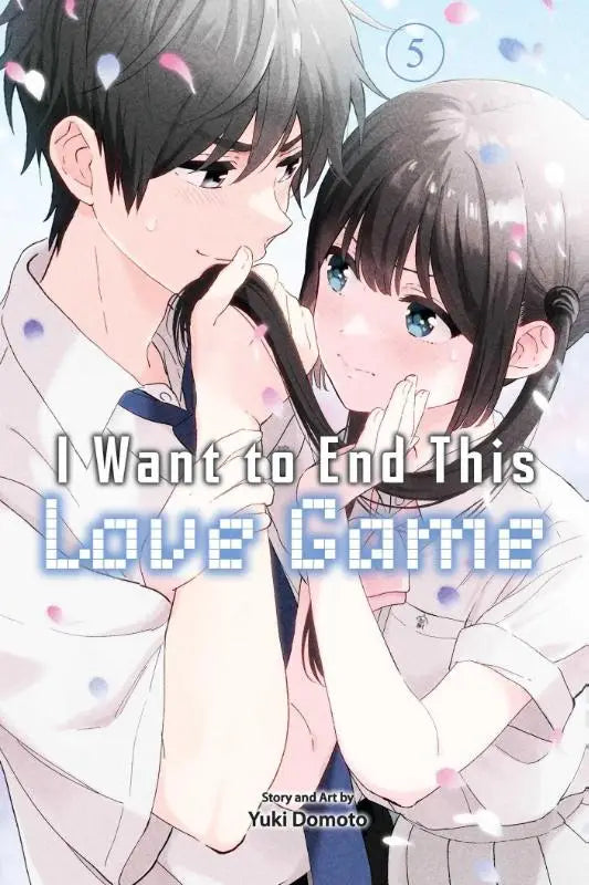 De cover van de manga i want to end this love game vol 5 door yuki domoto toont een stel in schooluniformen met pastel confetti