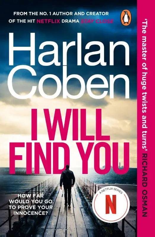 Harlan coben thriller novel i will find you by penguin books with bold pink and white text on moody coastal pier background