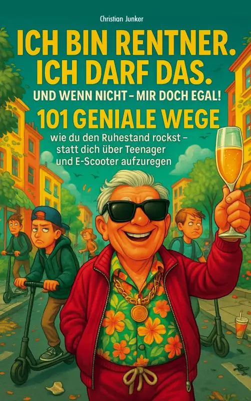 Boekcover ich bin rentner ik darf das toont man in rode jas en zonnebril in een cartoonstijl