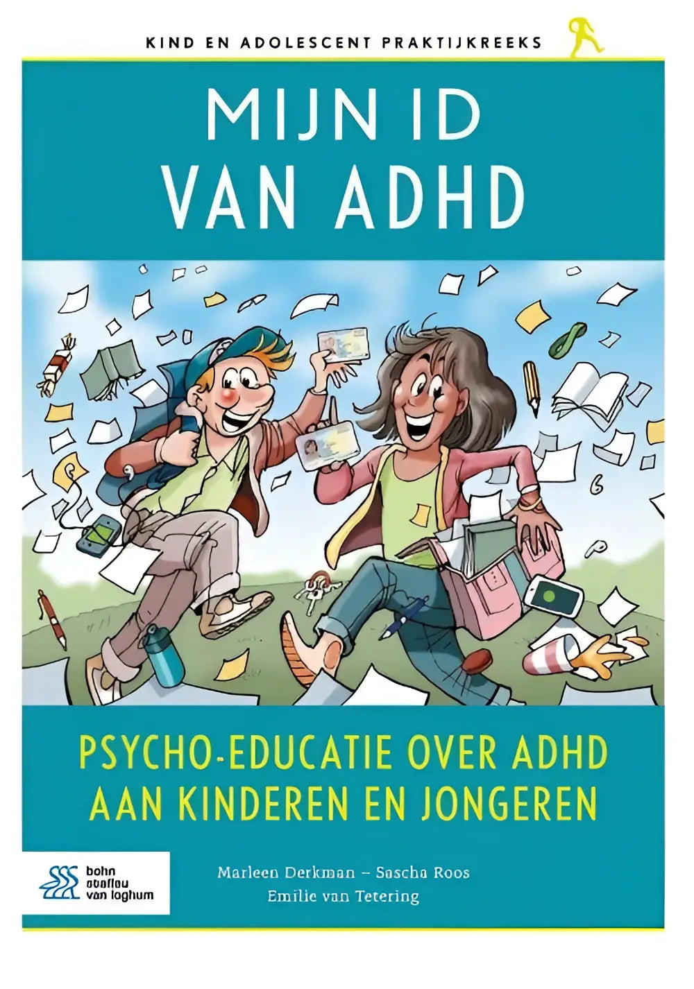 De kleurrijke boekcover van mijn id van adhd toont twee kinderen met vliegende papieren gericht op jonge lezers