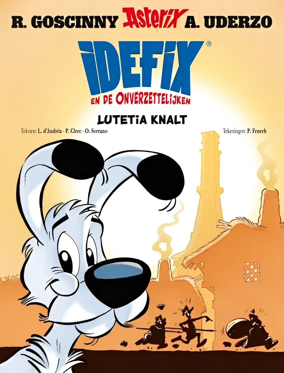 De cover van het product idefix en de onverzettelijken 7 toont een cartoonhond met witte vacht en zwarte oren lutetia knalt