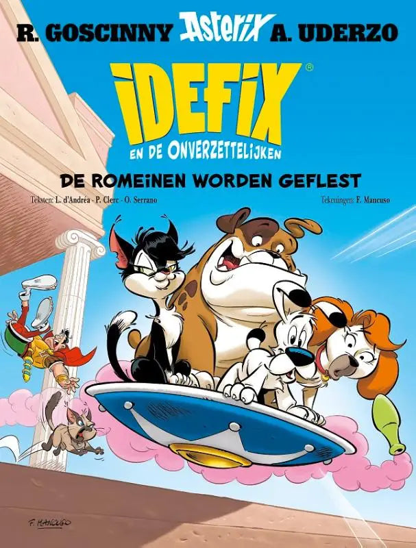 Blauw witte cartoon boekcover van Idefix en de onverzettelijken 8 met Astérix personages en een vliegende schotel
