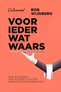 Boekcover van voor ieder wat waars met zwarte tekst op koraalrode achtergrond en afbeelding van handschoen met zilveren dienblad