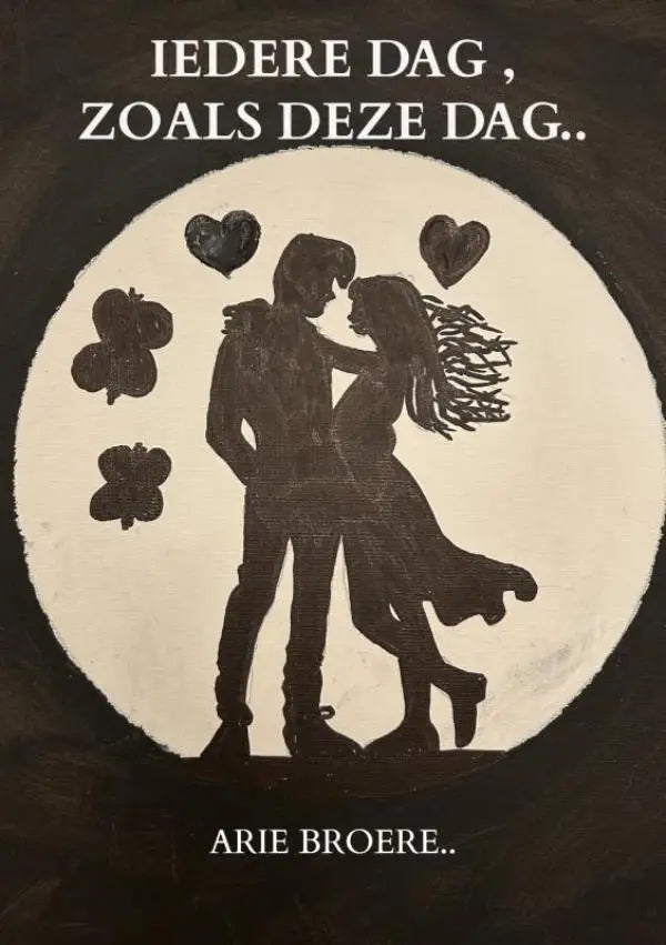 Zwart silhouet van een koppel dat omhelst op de cover van het boek iedere dag zoals deze dag van arie broere