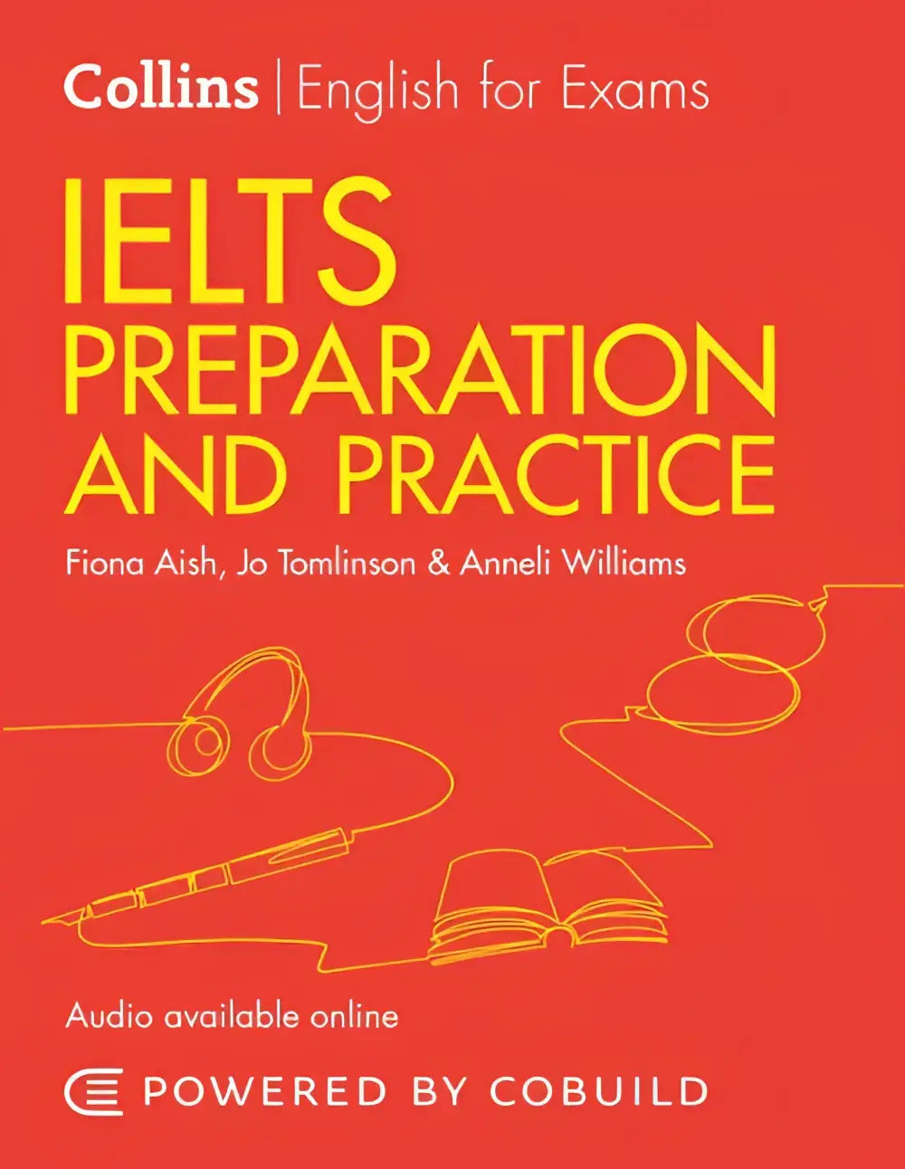Rood hardcover boek ielts preparation and practice van collins met gele tekst en tekeningen van koptelefoon pen en open boek