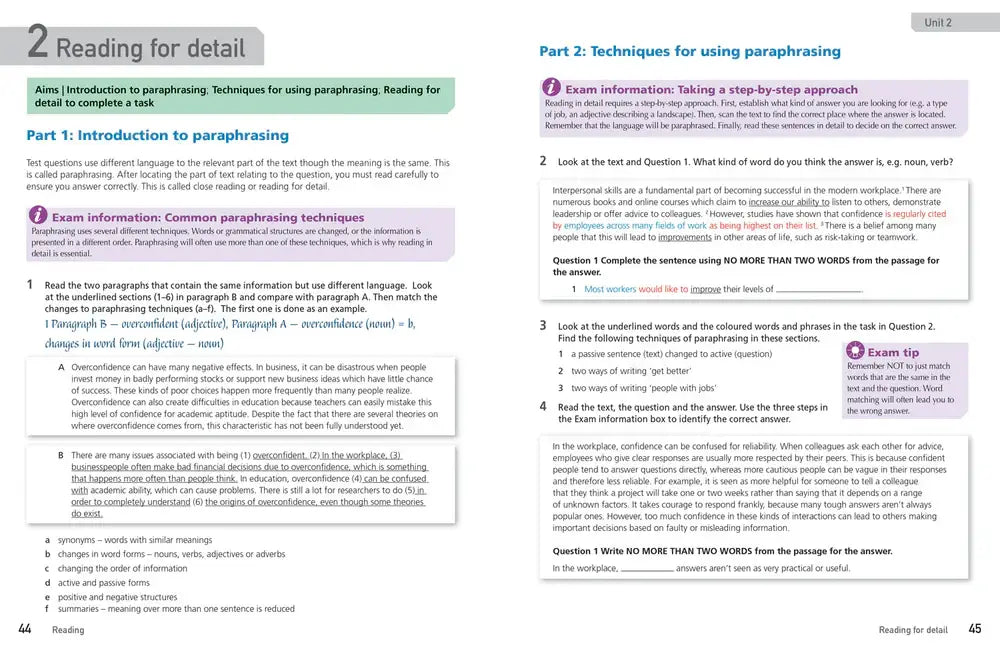 Pagina uit een educational workbook voor ielts voorbereiding met oefeningen in parafraseren voor score verbeteren