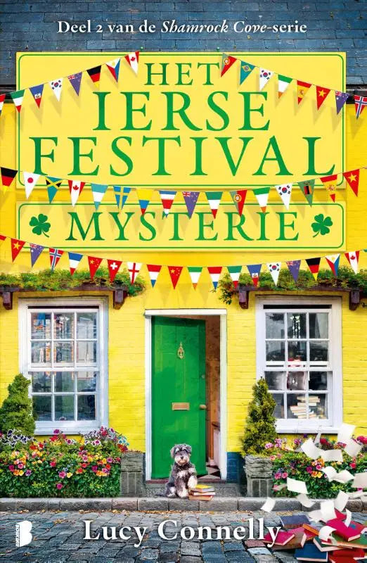 Yellow brick house with green door and colorful international flags above the entrance in ierse festivalmysterie at shamrock cove
