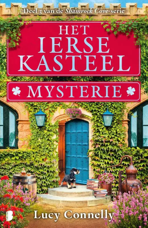 Het boek het ierse kasteelmysterie toont een rood bord met witte letters tegen een klimopbedekt stenen kasteel