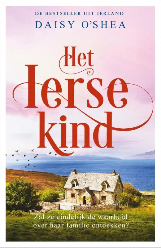 Het boek cover van het ierse kind toont een rustieke stenen cottage onder een zachte roze en blauwe lucht voor familie ontdekken