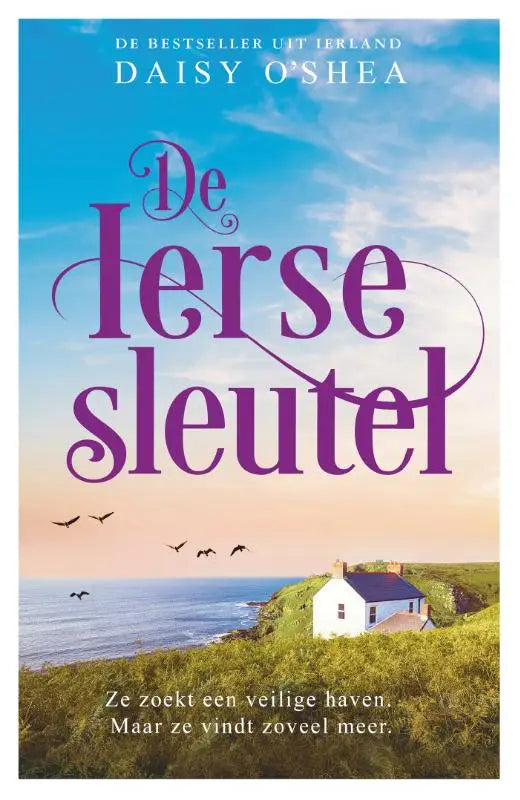Boekcover van de ierse sleutel met paarse cursieve titel en illustratie van een veilige haven bij een witte cottage