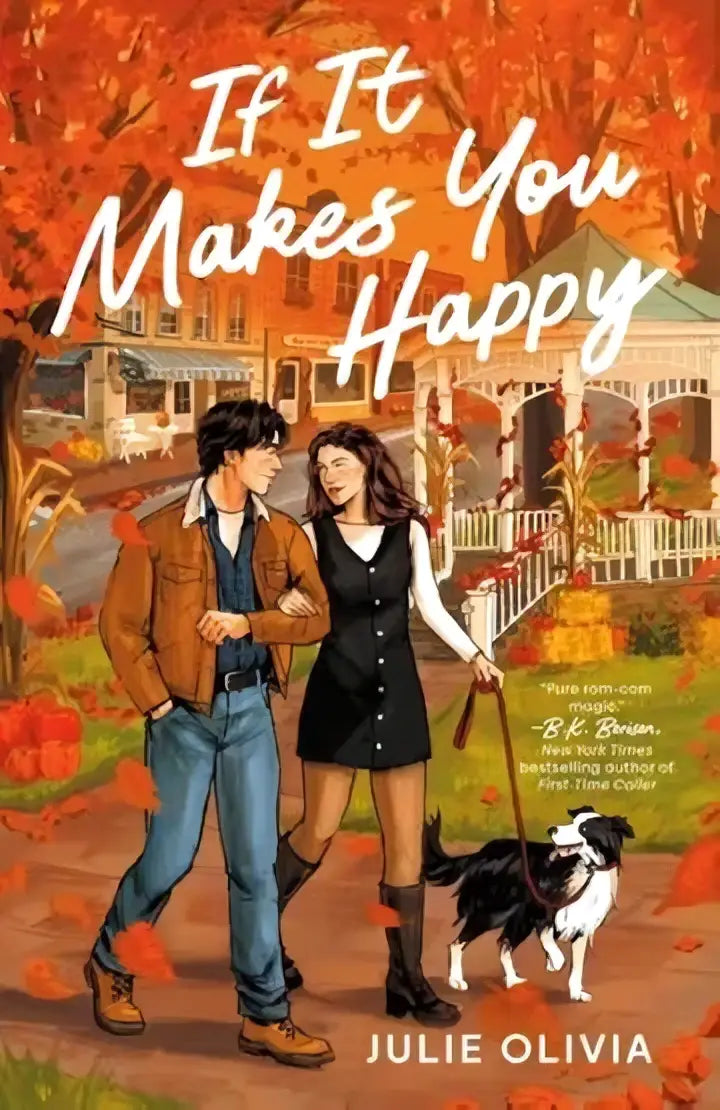 De boekomslag van if it makes you happy door Julie Olivia toont een illustratie van een stel in een herfstlandschap
