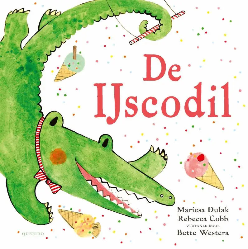 Groene krokodil met rood-witte gestreepte halsband en strikje van mariesa dulak in de ijscodil productlijn
