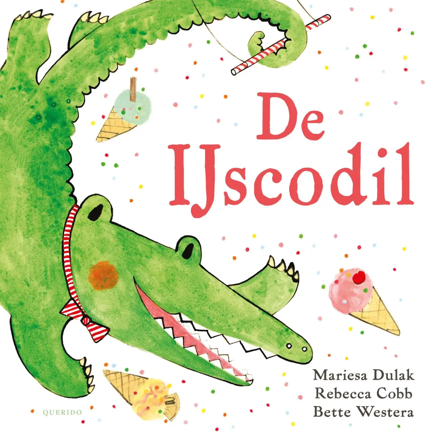 Groene krokodil met rood-wit gestreepte halsband en strik voor jonge lezers in de ijscodil product