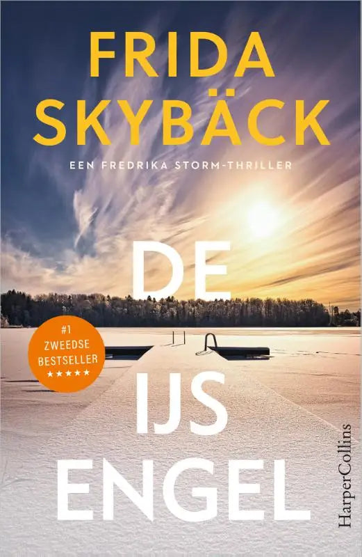 Boekcover van de ijsengel met geel en wit tekst tegen een winterlandschap met sneeuw en bomen onder de zon