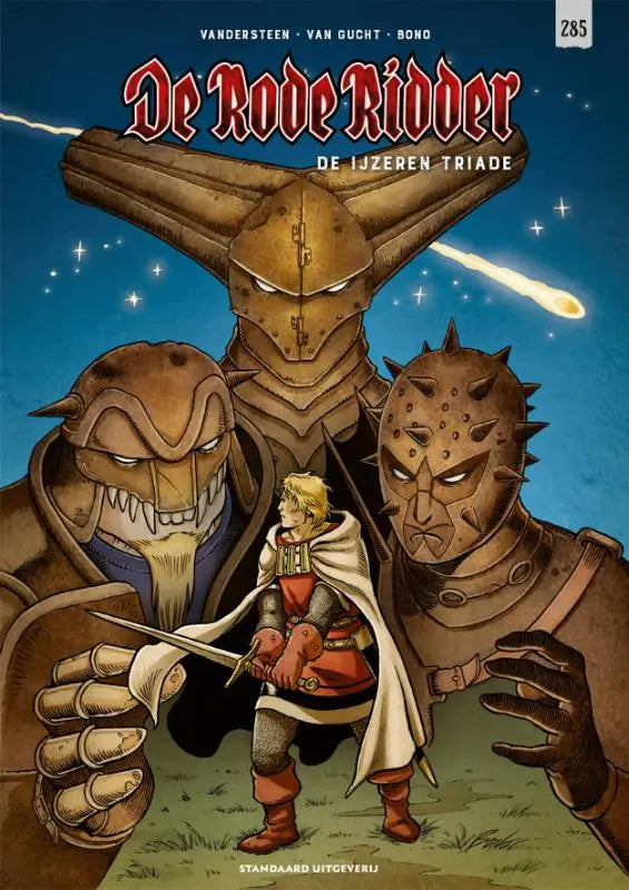 De cover van de strip de rode ridder de ijzeren triade toont drie gewapende figuren tegen een sterrennacht van willy vandersteen