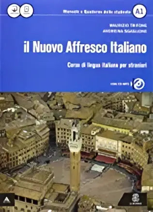 Blauw leerboek il nuovo affresco italiano a1 met luchtfoto van historische Italiaanse stad voor curso di lingua europea