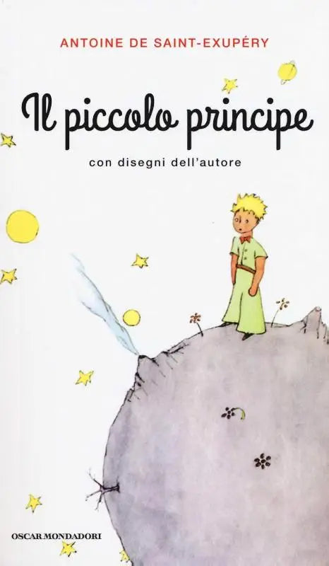 De kleine prins boekcover toont een jonge prins in groen op een grijze planeet met sterren voor jonge lezers piccolo principe